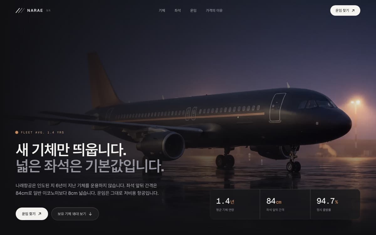 항공 · 저비용 항공사 홈페이지 제작 사례 — 기체 연령과 좌석 간격을 숫자로 먼저 보여주는 저비용 항공사 사이트